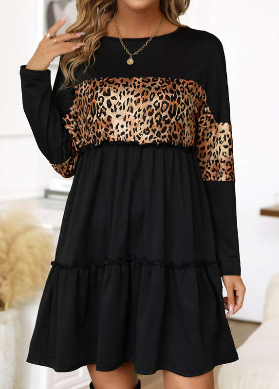 Patchwork Leopard Black Short Round Neck Shift Dress
