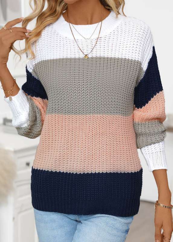 Weave Striped Pink Round Neck Long Sleeve Sweater