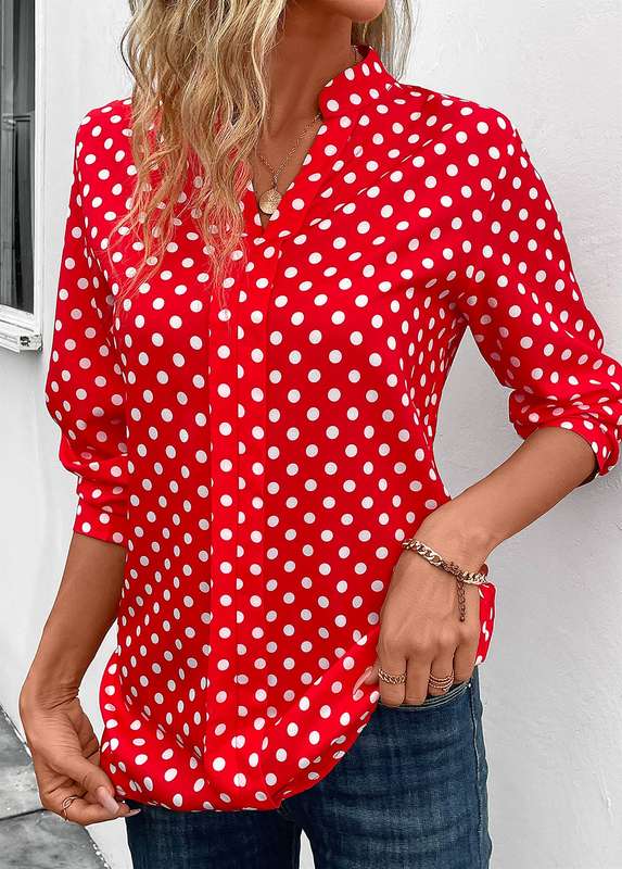 Split Polka Dot Red Long Sleeve Blouse