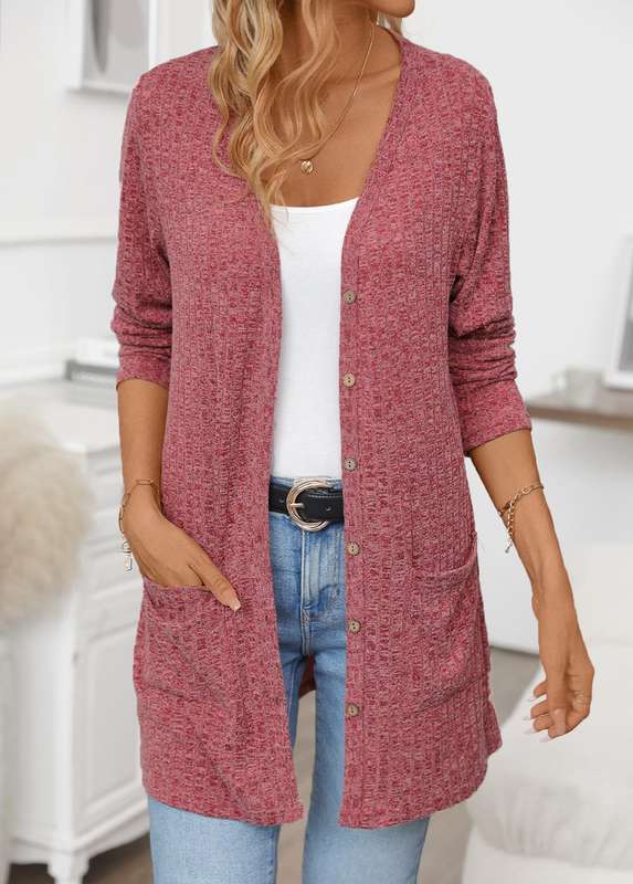 Pocket Wine Red V Neck Long Sleeve Cardigan