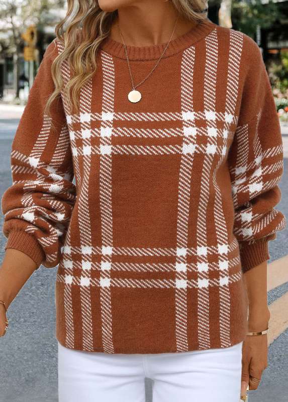Patchwork Plaid Dark Coffee Round Neck Long Sleeve Sweater