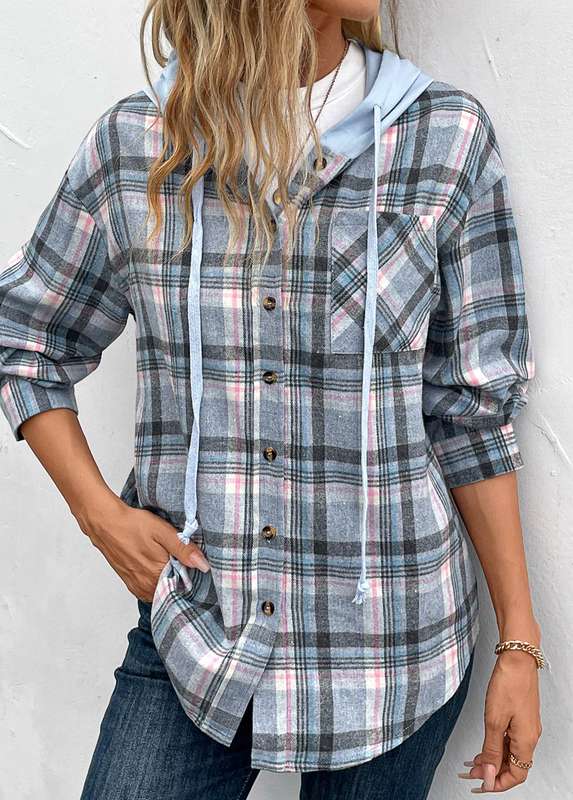 Drawstring Plaid Blue Hooded Long Sleeve Coat