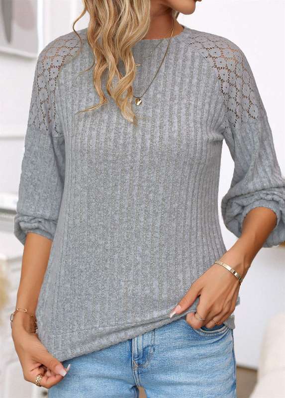 Patchwork Round Neck Long Sleeve Grey T Shirt