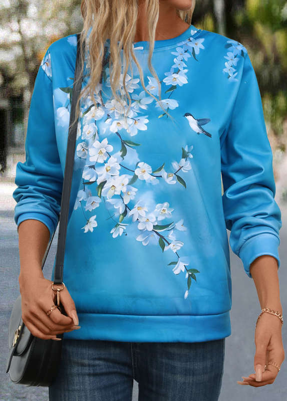 Patchwork Floral Print Blue Round Neck Long Sleeve Sweatshirt