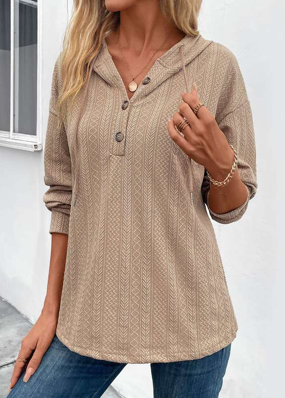 Button Light Camel Long Sleeve Hoodie
