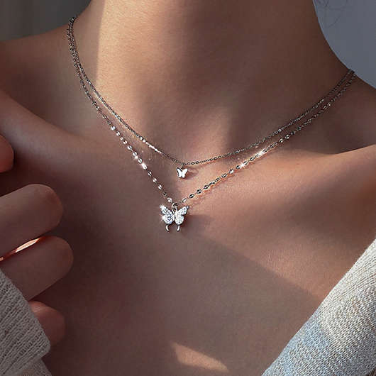 Silver Butterfly Design Alloy Detail Necklace