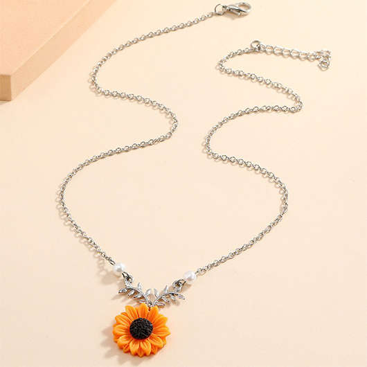 Sunflower Detail Pearl Design Orange Necklace