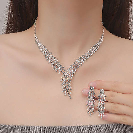 Asymmetric Rhinestone Alloy Silver Necklace and Earrings