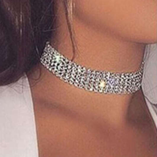 Rectangle Rhinestone Alloy Detail Silver Necklace