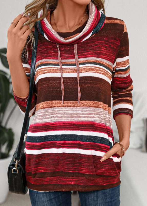 Pocket Striped Wine Red Cowl Neck Long Sleeve Sweatshirt