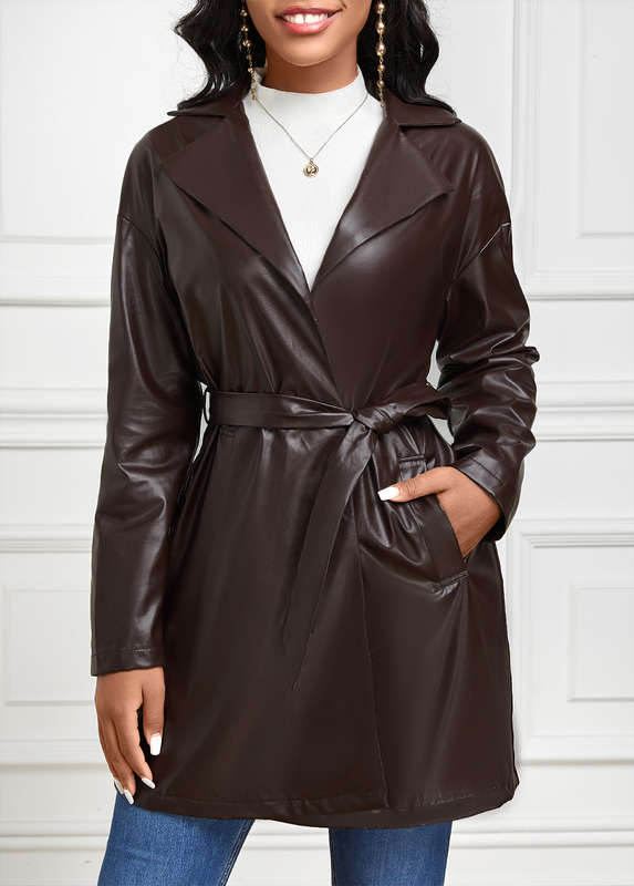 Pocket Dark Coffee Lapel Long Sleeve Trench Coat