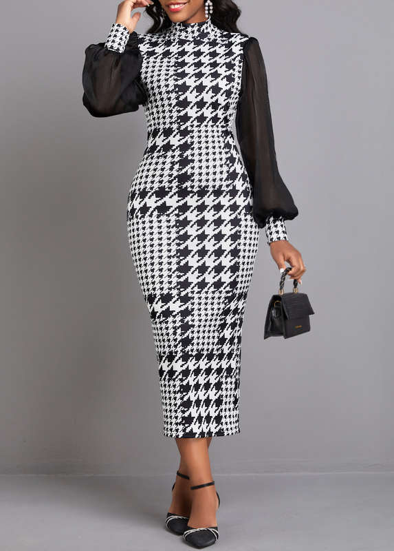 Split Plaid Black High Neck Long Sleeve Bodycon Dress