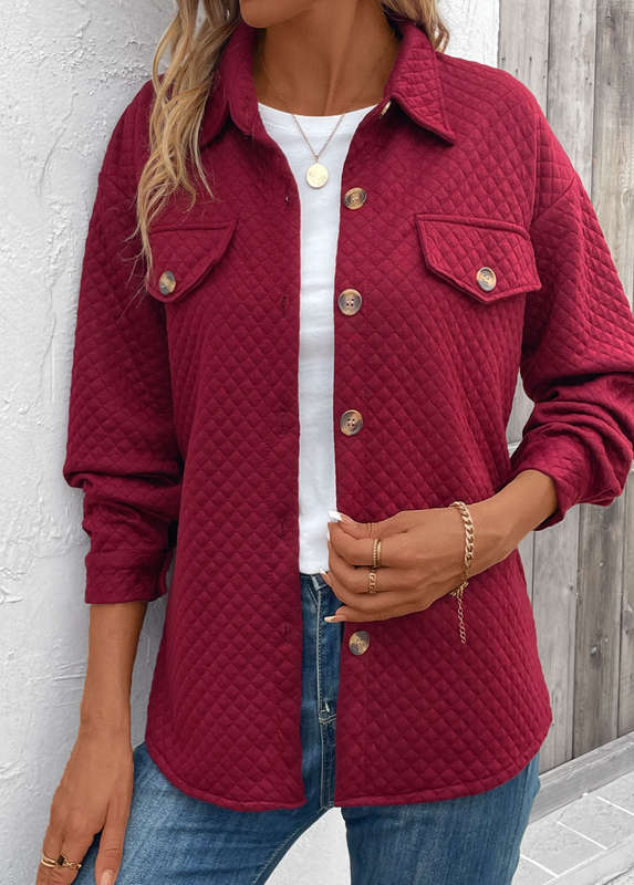 Pocket Wine Red Turn Down Collar Long Sleeve Coat