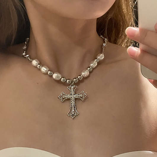 Cross Pearl Hollow Detail Gold Necklace