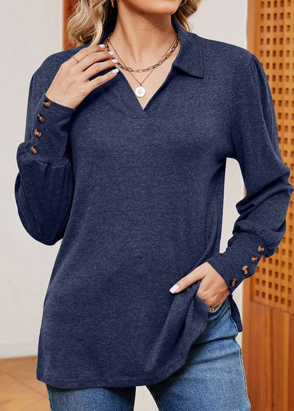 Button Navy Turn Down Collar Long Sleeve T Shirt