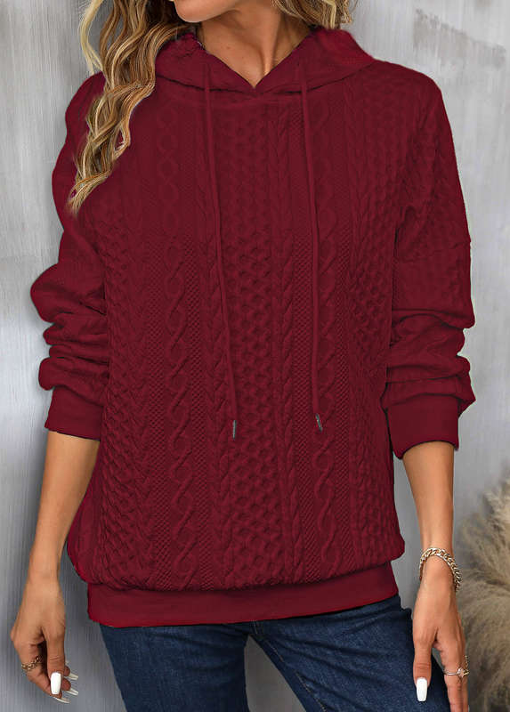 Drawstring Wine Red Long Sleeve Hoodie