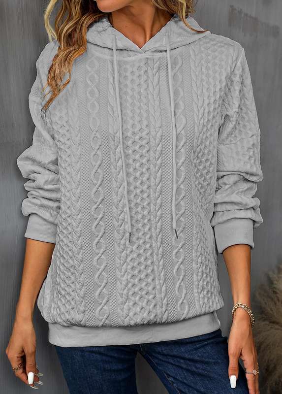 Patchwork Drawstring Light Grey Long Sleeve Hoodie