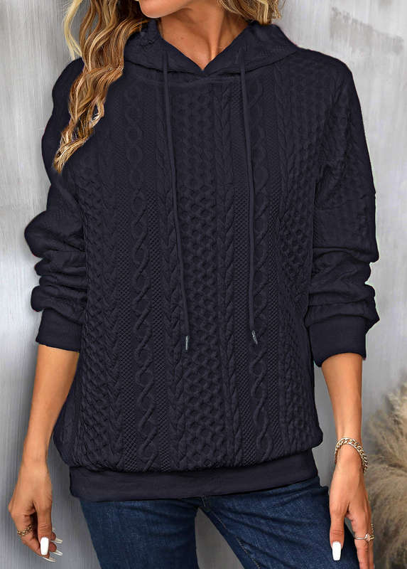 Drawstring Patchwork Navy Long Sleeve Hoodie