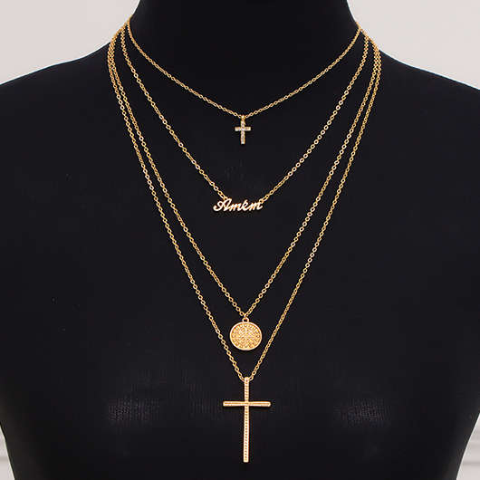 Cross Gold Layered Detail Alloy Necklace