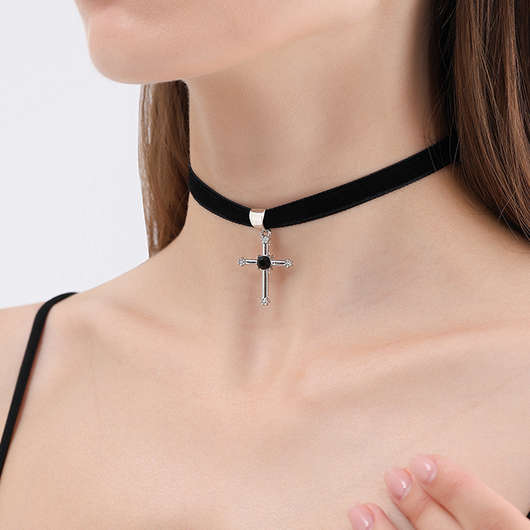 Cross Black Alloy Detail Patchwork Necklace