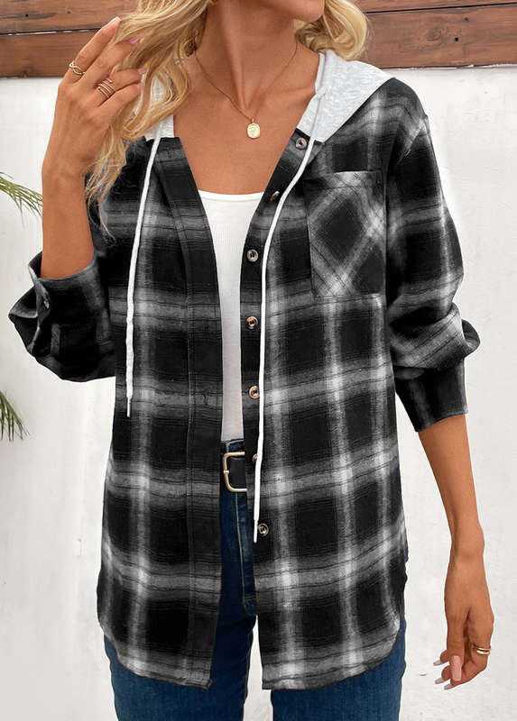 Patchwork Plaid Black Hooded Long Sleeve Coat