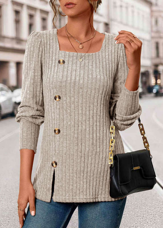 Button Beige Square Neck Long Sleeve T Shirt