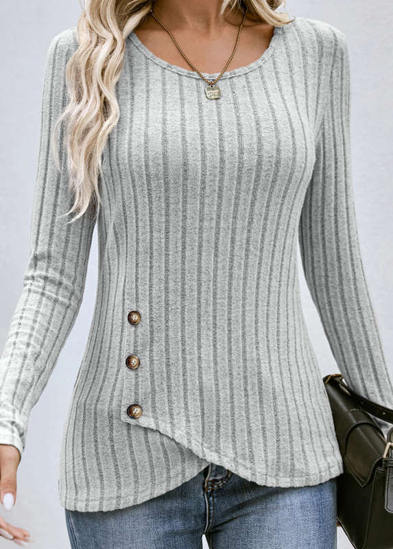 Button Grey Round Neck Long Sleeve T Shirt