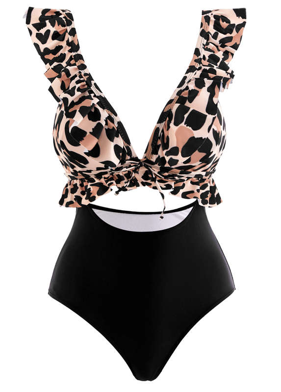 Flounce Leopard Black Cutout One Piece Swimwear