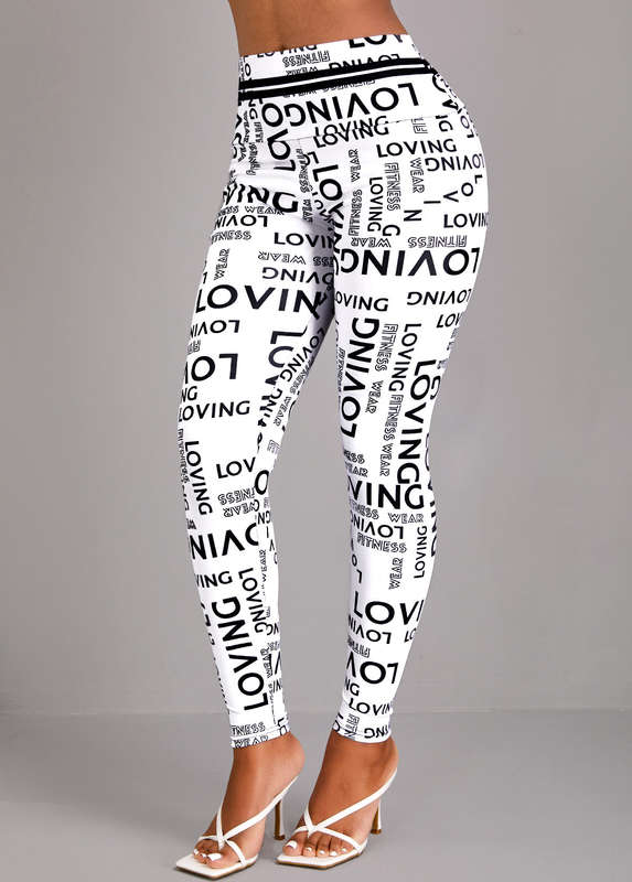 Letter Print White High Waisted Elastic Waist Leggings