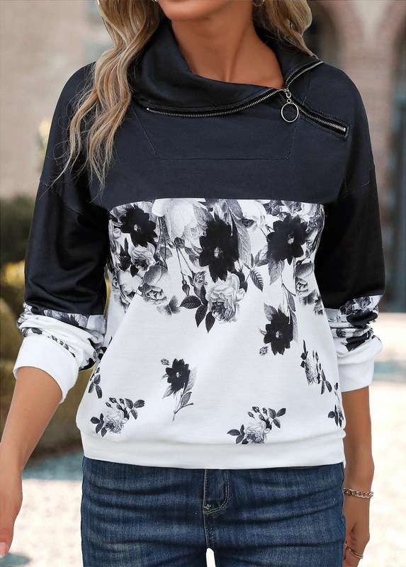 Patchwork Floral Print Black Asymmetrical Neck Long Sleeve Sweatshirt