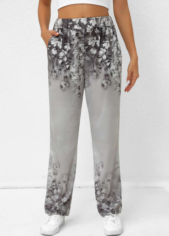 Pocket Random Floral Print Grey Elastic Waist Pants