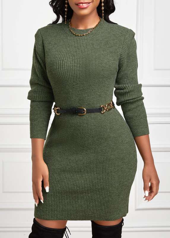 Olive Green Short Round Neck Long Sleeve Dress