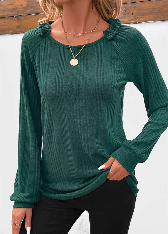 Patchwork Turquoise Round Neck Long Sleeve T Shirt