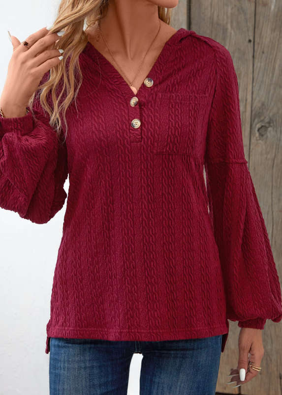 Button Pocket Wine Red Long Sleeve Hoodie