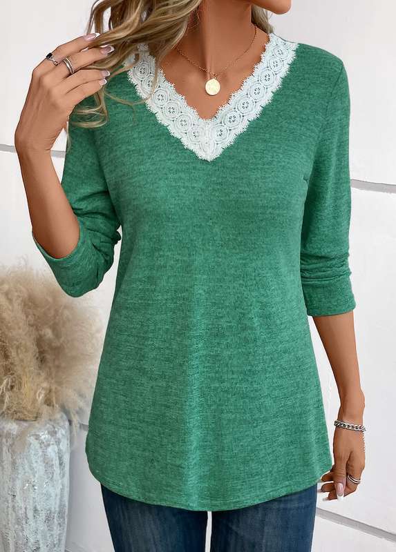 Patchwork Green V Neck Long Sleeve T Shirt