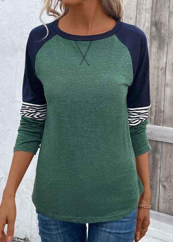 Patchwork Striped Green Round Neck Long Sleeve T Shirt
