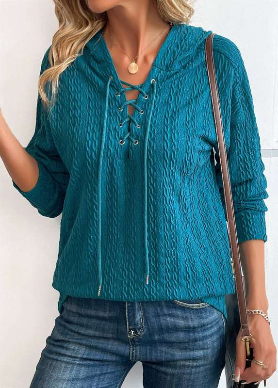 Lace Up Turquoise Long Sleeve Hoodie