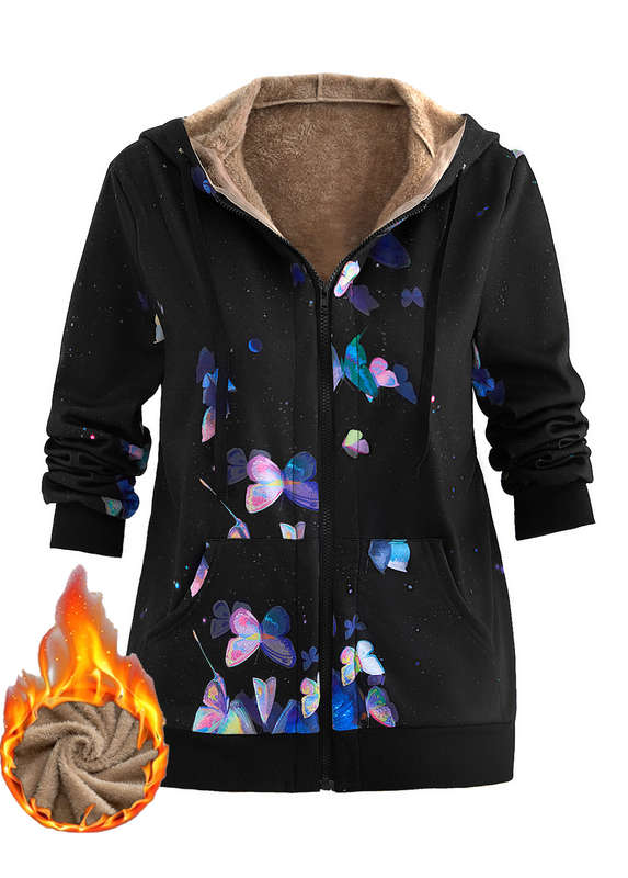 Pocket Butterfly Print Black Hooded Long Sleeve Coat