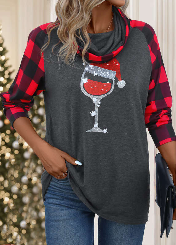 Patchwork Christmas Print Dark Grey Cowl Neck T Shirt