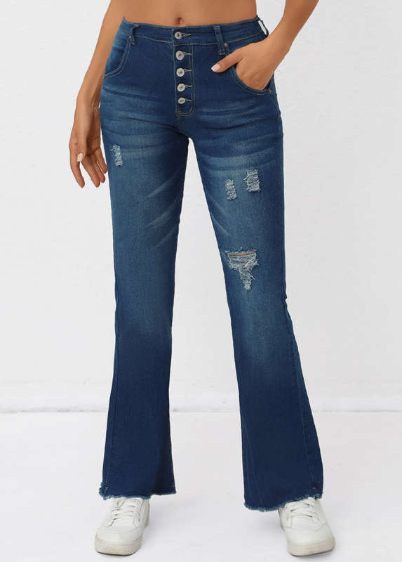 Pocket Denim Blue Flare Leg Button Fly Jeans