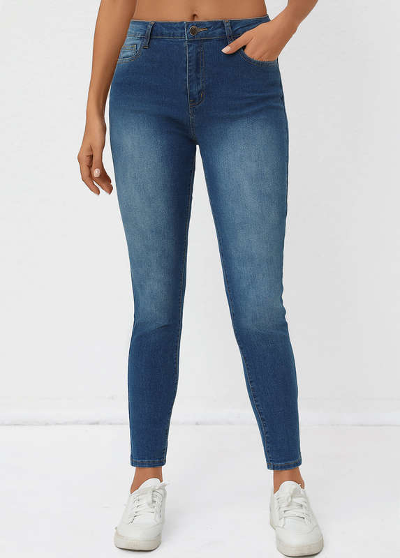 Pocket Denim Blue Skinny Zipper Fly High Waisted Jeans