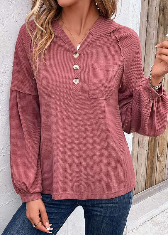 Button Dark Reddish Purple Long Sleeve Hoodie