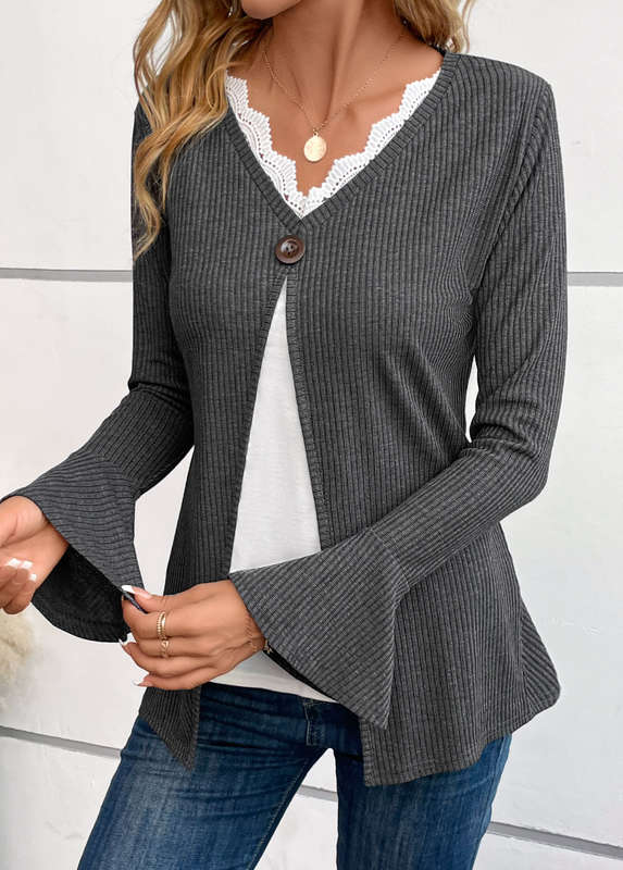 Patchwork Dark Grey V Neck Long Sleeve T Shirt