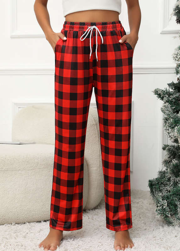 Pocket Plaid Red Drawastring High Waisted Pants