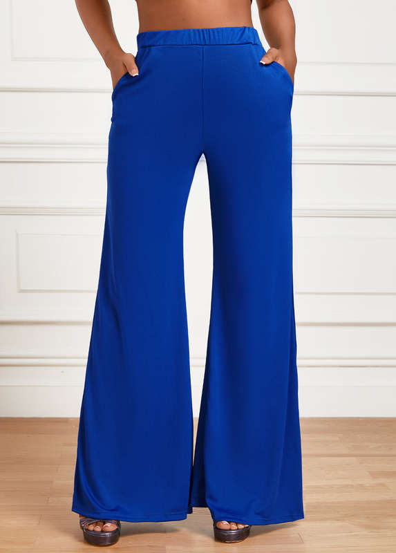 Pocket Blue Flare Leg Elastic Waist High Waisted Pants