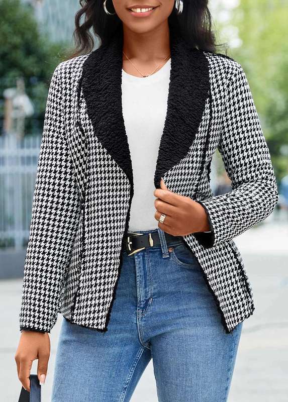 Patchwork Plaid Black Lapel Long Sleeve Coat