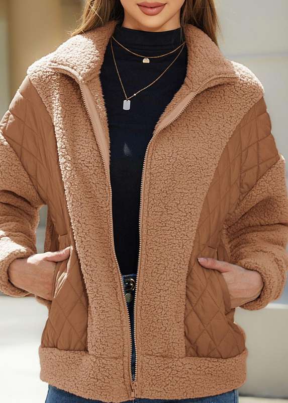 Pocket Light Coffee Turn Down Collar Long Sleeve Coat