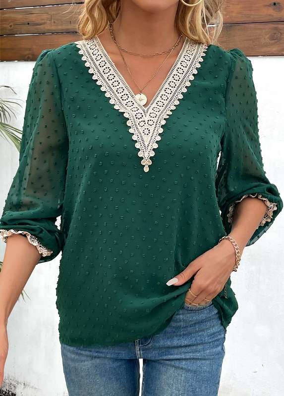 Patchwork Green V Neck Long Sleeve Blouse
