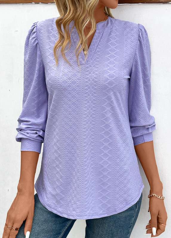Jacquard Light Purple V Neck Long Sleeve Blouse