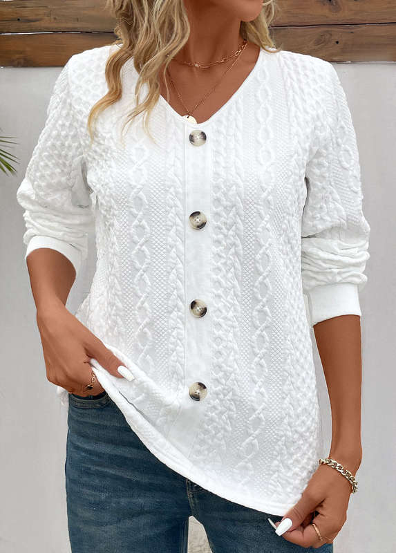Button White V Neck Long Sleeve Sweatshirt